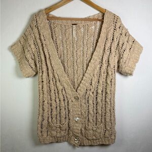 Free People Women’s Open-Knit Cotton Cable Cardigan Top Neutral Beige Size M